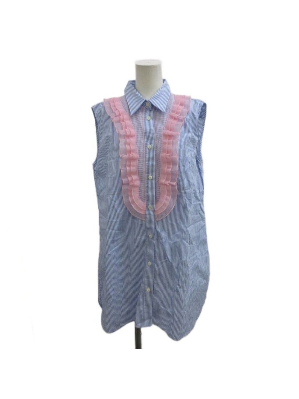 Prada Shirt Blouse 44 Blue Pink Striped Pattern Sleeveless Ruffle PP
